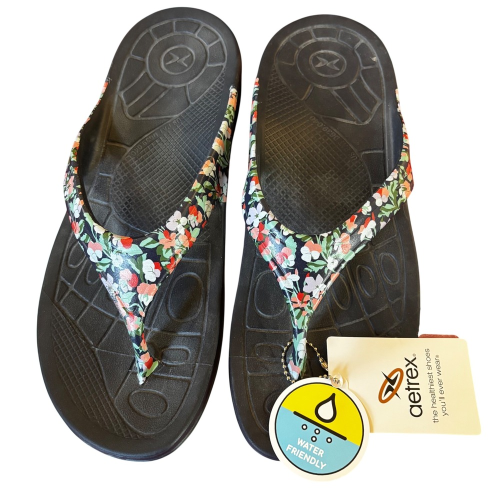 Aetrex Women's Floral Thong Sandals Size 10 Black Water Friendly Flip Flops NWT